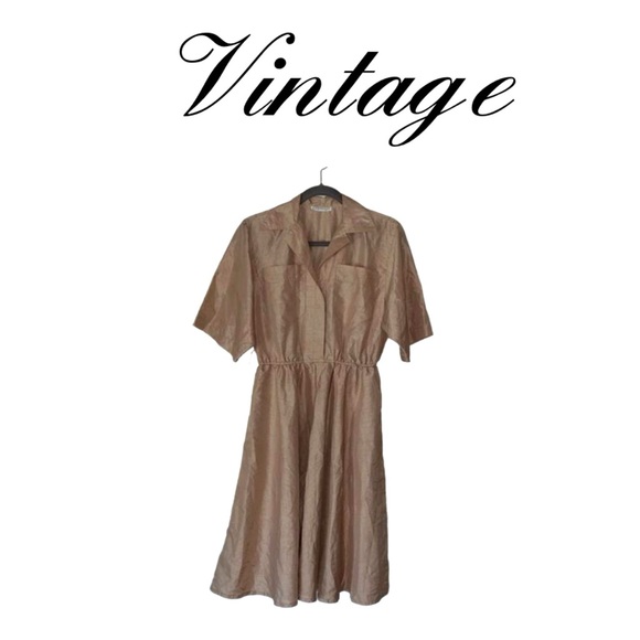 Utility Vintage 80s Button Down Fit and Flare Khaki Belted Shirtdress pockets - Picture 2 of 11
